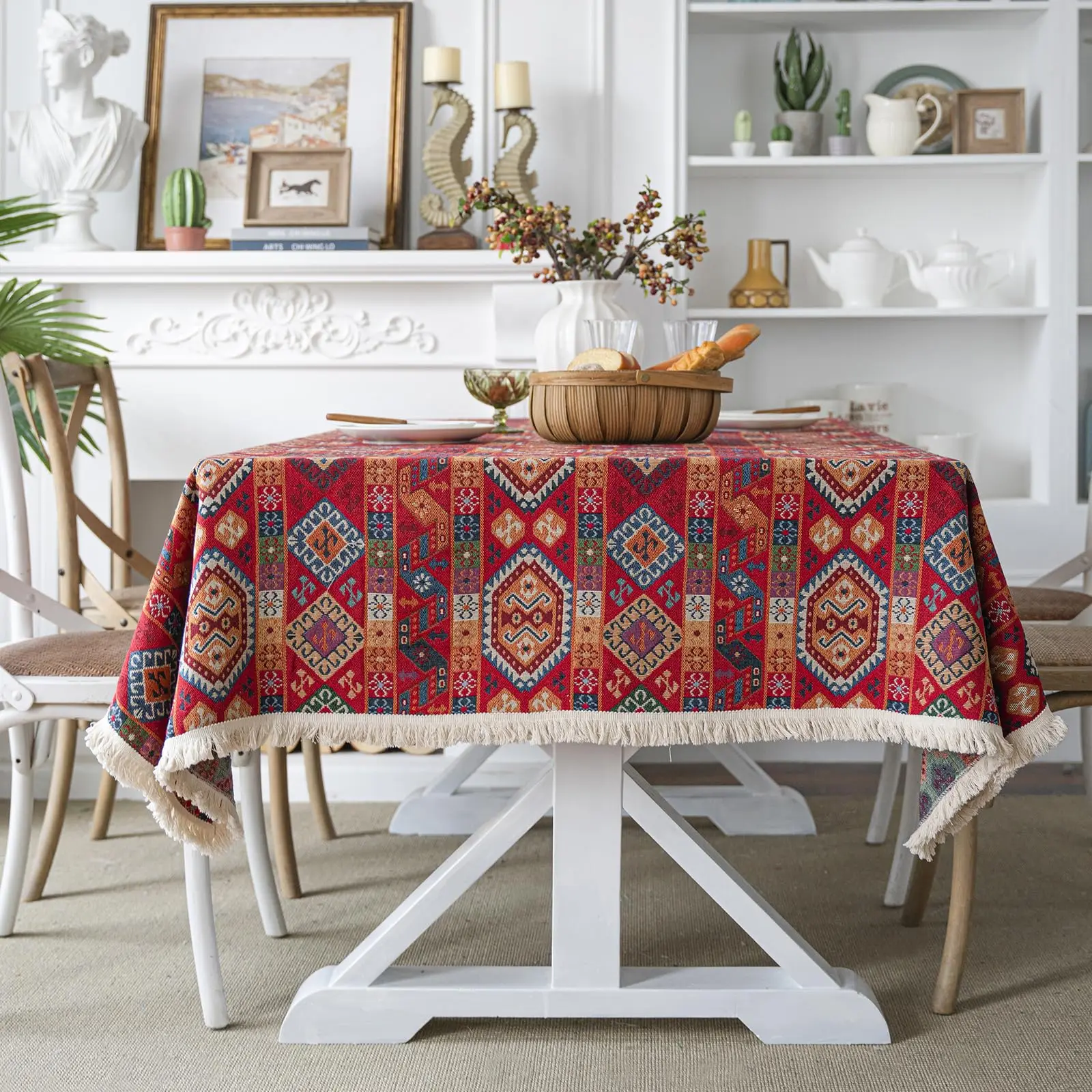 

Cotton Linen Tablecloth with Tassel, Bohemian Tablecloth, Mexican Table Cloth for Dining Room Picnic Home Holiday Party