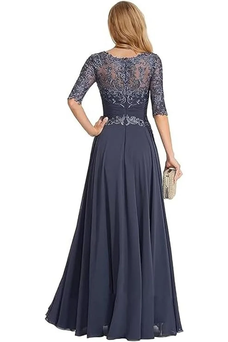 Abito per la madre della sposa girocollo in pizzo con maniche A Line Abiti lunghi per invitati a un matrimonio in chiffon con applicazioni