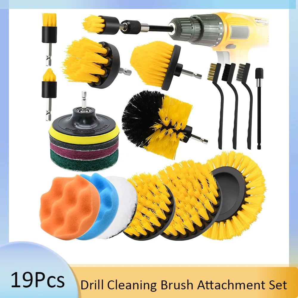 19pcs Drill Cleaning Brush Attachment Set, Power Scrubber Brush for Car, Grout, Floor, Tub, Shower, Tile, Carpet, Corner, Floor