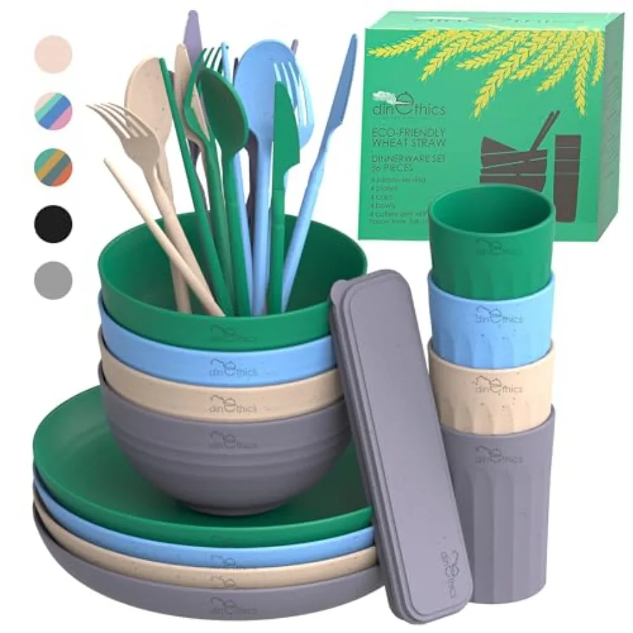 

Wheatstraw Dinnerware Set for 4 - Camping Dishes and Utensils - Microwavable Plates - Alternate To Plastic Plates And Bowls - C