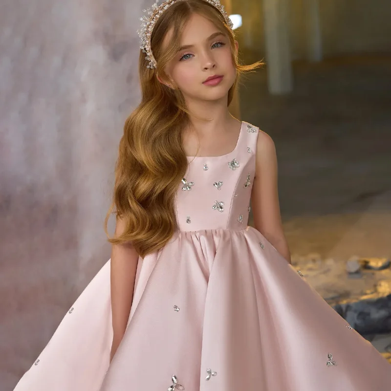 2025 New Girls Light Luxury Satin Pink Evening Princess Ball Gown Children Fashion Birthday Party Dress y1514