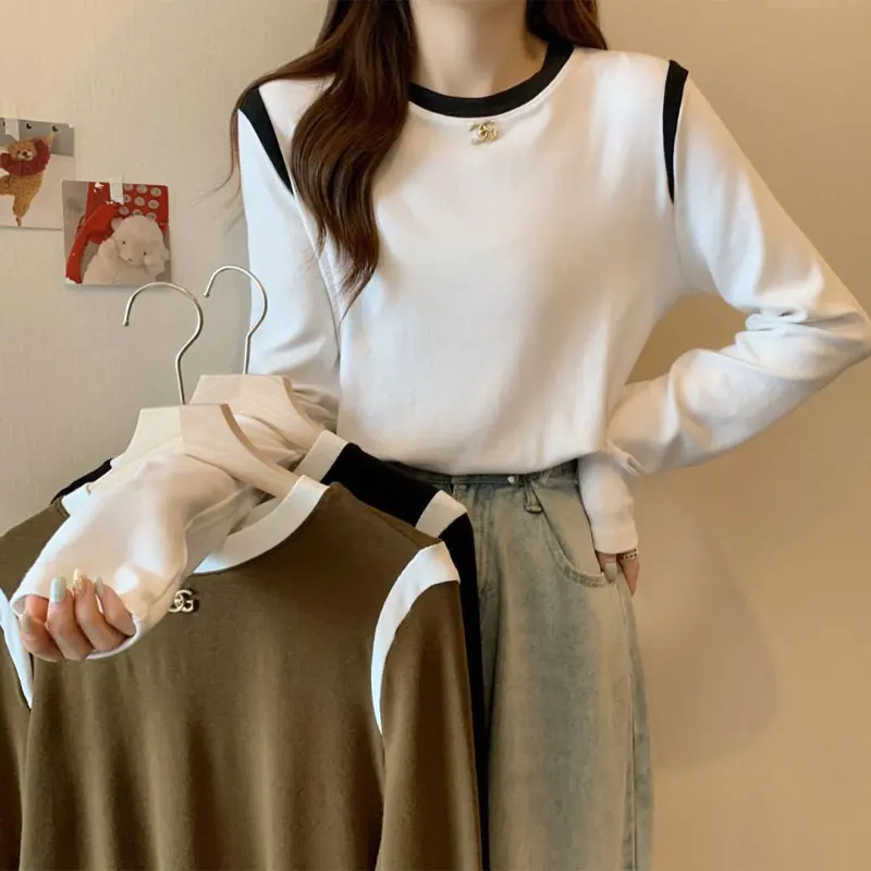 

Basic Spliced Round Neck Pullovers Spring Autumn Casual Contrasting Colors Female Clothing Long Sleeve Commute Loose T-shirt New