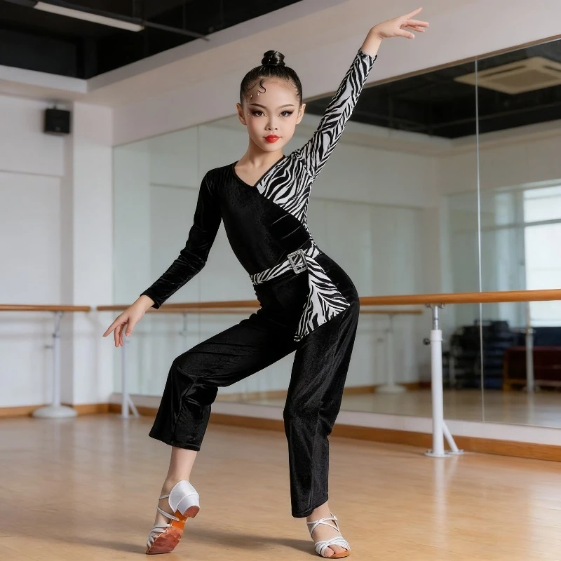 

Girls Latin Dance Pants Set, New Style High-Stretch Dance Training Outfit, Long Sleeve Top & Pants Suit for Practice Performance
