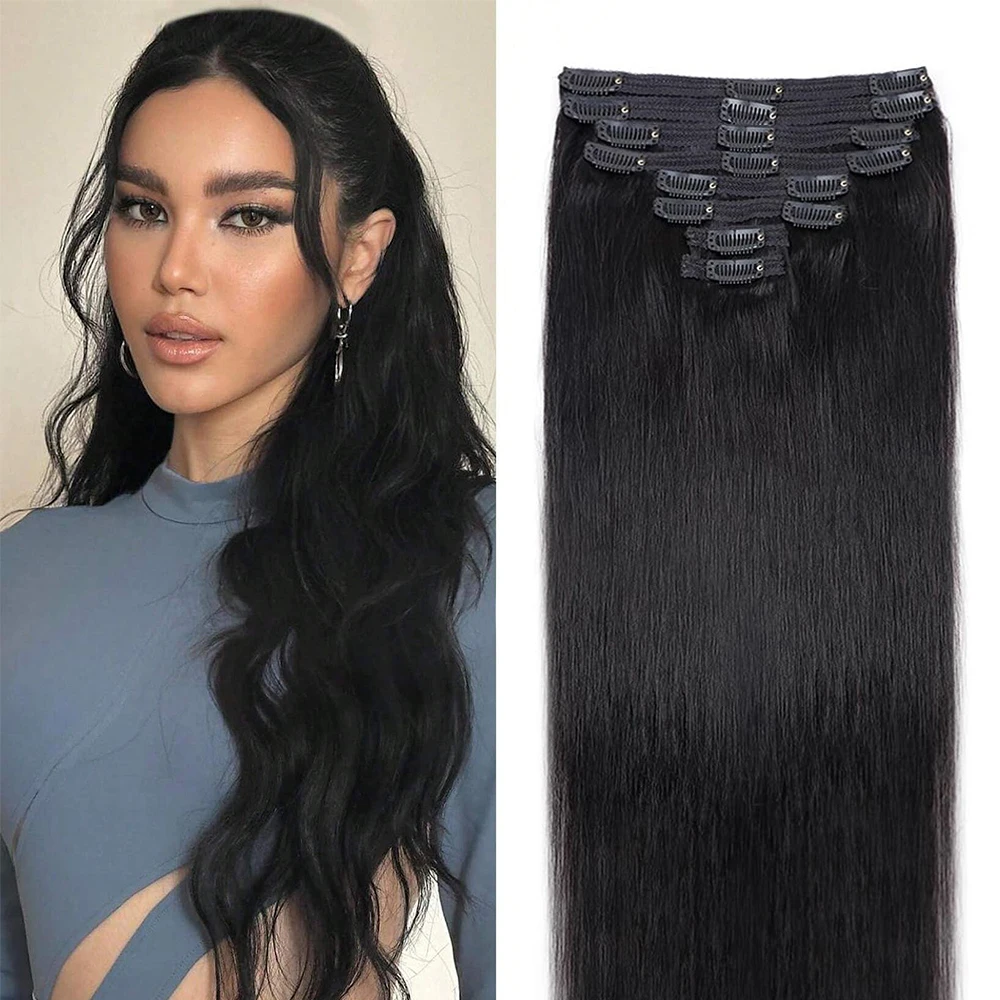 

Прямые заколки для наращивания волос, 100% настоящие человеческие волосы, 8 шт., 120 г/компл., Remy, натуральные черные бесшовные заколки на всю голову, волосы 26 дюймов