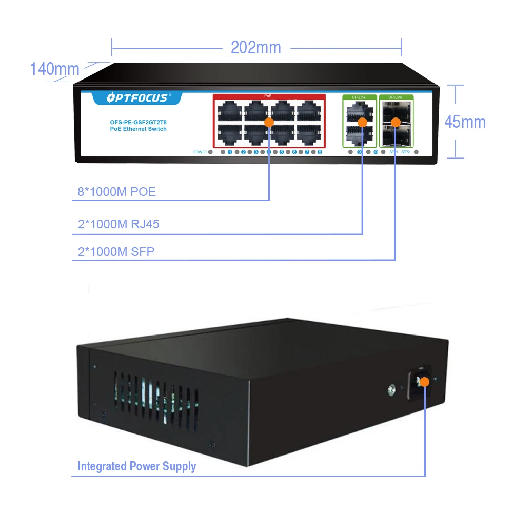 OPTFOCUS 120W 8 gigait poe+2 RJ45+2 SFP Gigabit fiber Durable PoE+ SFP Fibra 8 portas Ativo Passivo Sfp Poe 48v Gigabit Switch