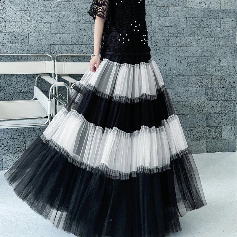 Saia oversized de cintura alta com chiffon solto, emaecimento, bloco de cores, estilo de rua, verão, nova chegada, saia longa