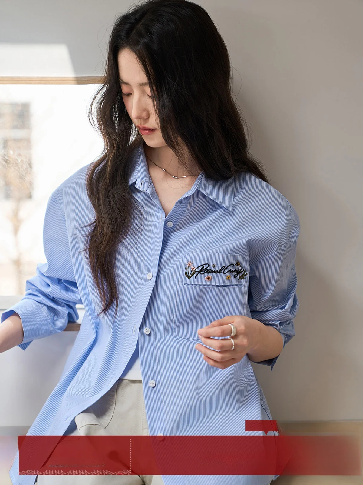 

Blue Striped Floral Letter Embroidery Long Sve irt Women's Collar Turn-down Spring New Design Korean Sle Loose Fit Com...