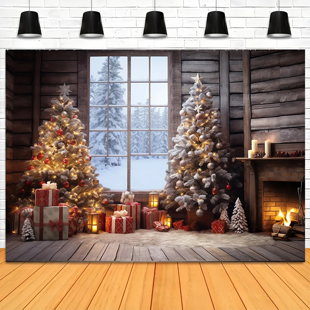 

Christmas Tree With Wooden Floor Photography Backdrops Pinecones Snow Fireplace New Year Winter Holiday Party Background DT-29