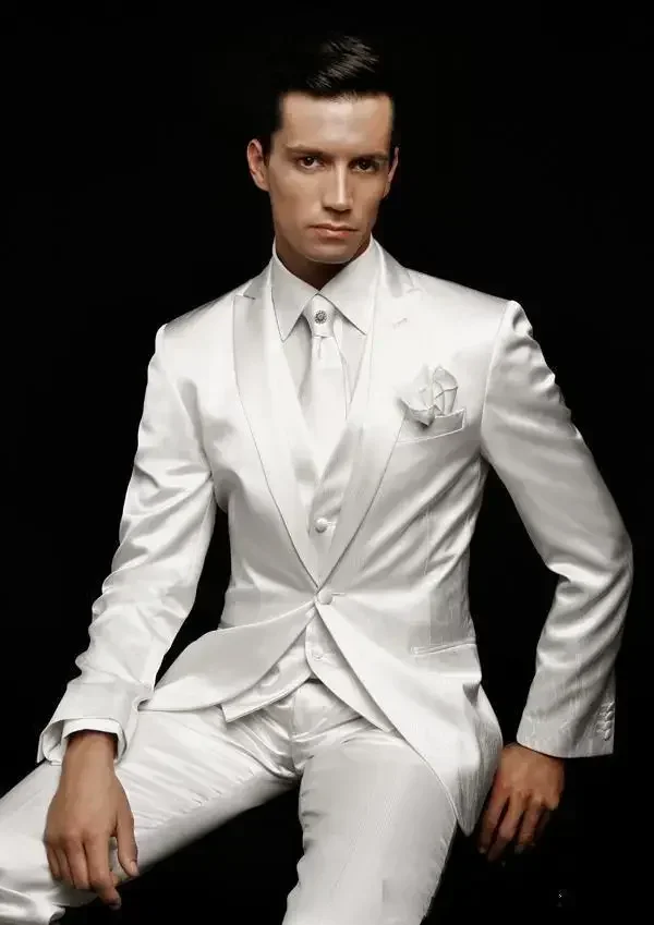 

Ivory White Satin Italian Men Suit Wedding Suits For Men High Quality Custom Slim Fit 3 Piece Gentle Prom Tuxedo Terno Masculino