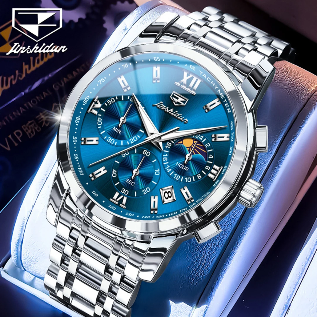 JSDUN 8985, модные кварцевые часы, подарок, ремешок для часов из нержавеющей стали, наручные часы с круглым циферблатом, календарь фазы Луны, светящийся маленький второй