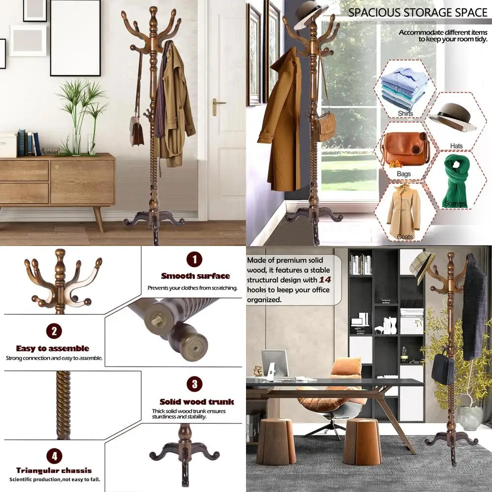 رف معطف قائم بذاته مع 11 خطافًا، حامل مدخل من الخشب الطبيعي، رف معطف على شكل شجرة بارتفاع قابل للتعديل، طويل القامة 74