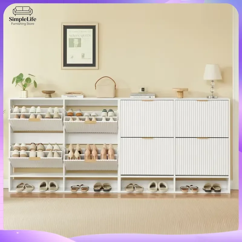 White Shoe Cabinet 120x24cm Hallway Storage Cabinet with Grooved Front Adjustable Shelves Anti-Tip Design Decorative Entryway