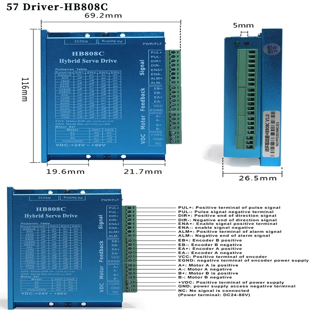 Nem23 57mm Closed-loop Stepper Motor 1.2Nm /2Nm /3Nm 4A 2PH Shaft 8mm With Encoder Hybrid Servo Driver HB808C 3M Cable For CNC