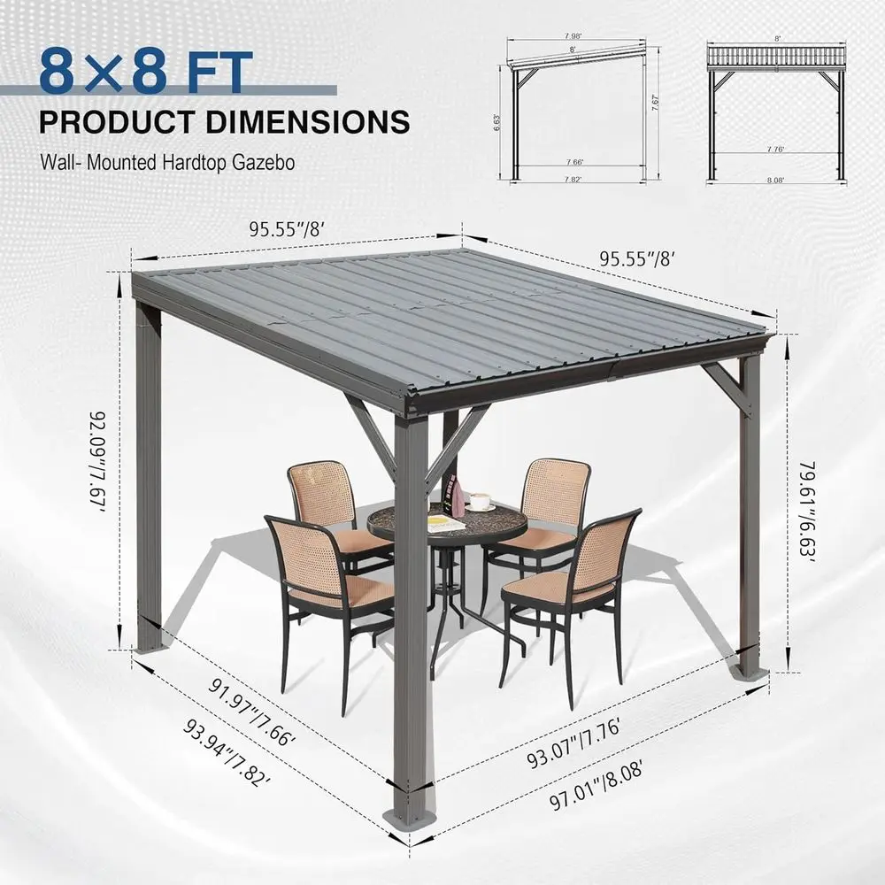 8'x8' Expandable Hardtop Gazebo with Wall Mount, Gutters & Steel Roof, 60MPH Wind Resistant, Heavy Duty Outdoor Awning for Patio