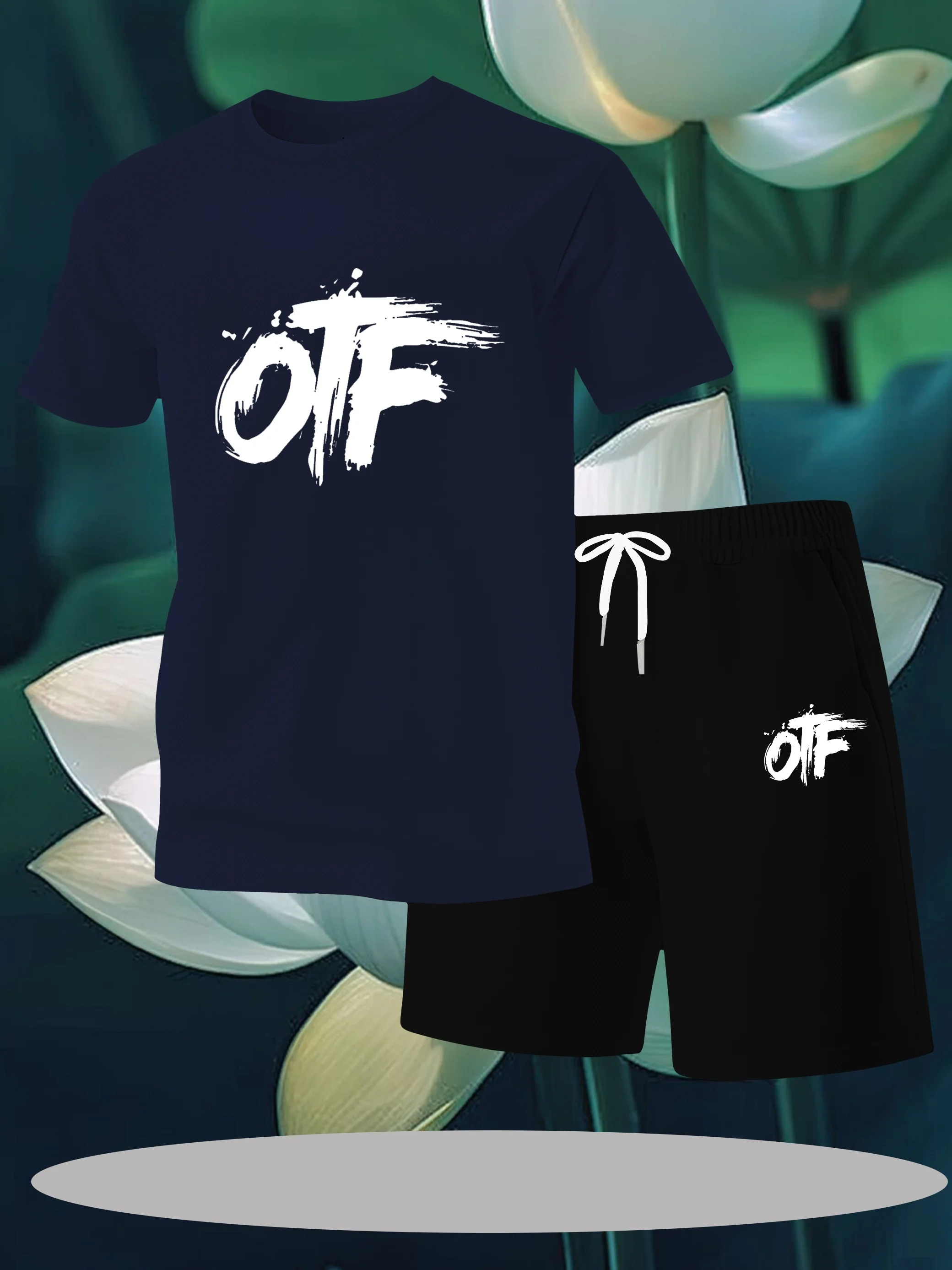 

Summer pattern printed short sleeved men's 2-piece casual sports shorts set men's sports suit clothes