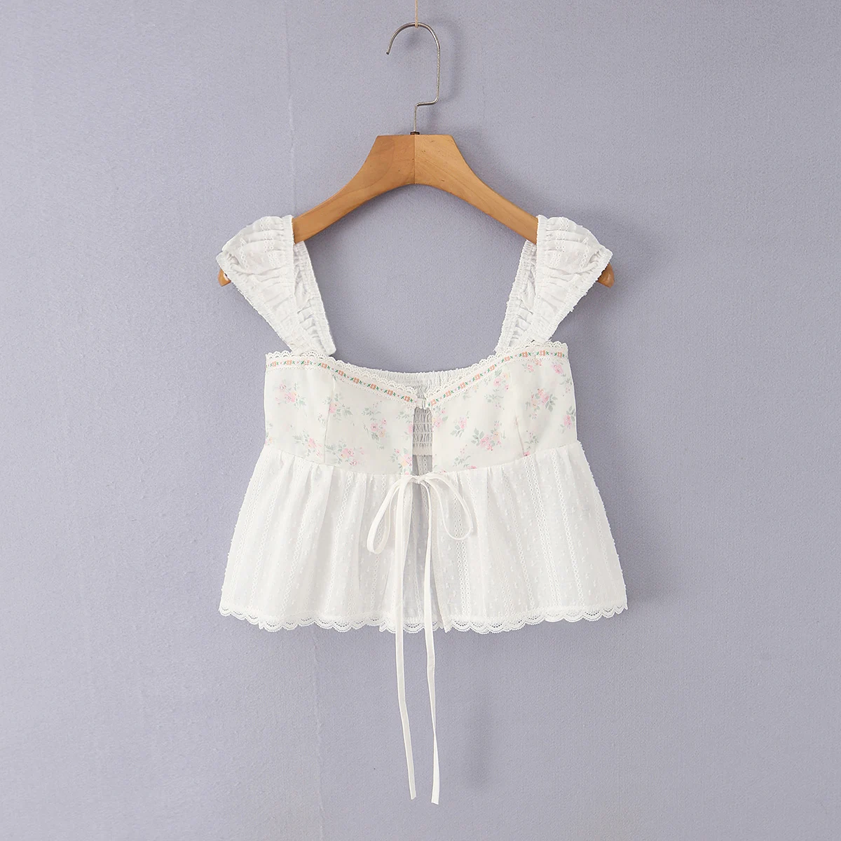 Sexy White Spliced Floral Print Elastic Strap Tank Top Women Hook Buttons Lacing Up Bow Front Elastic Back Crop Vest Beach