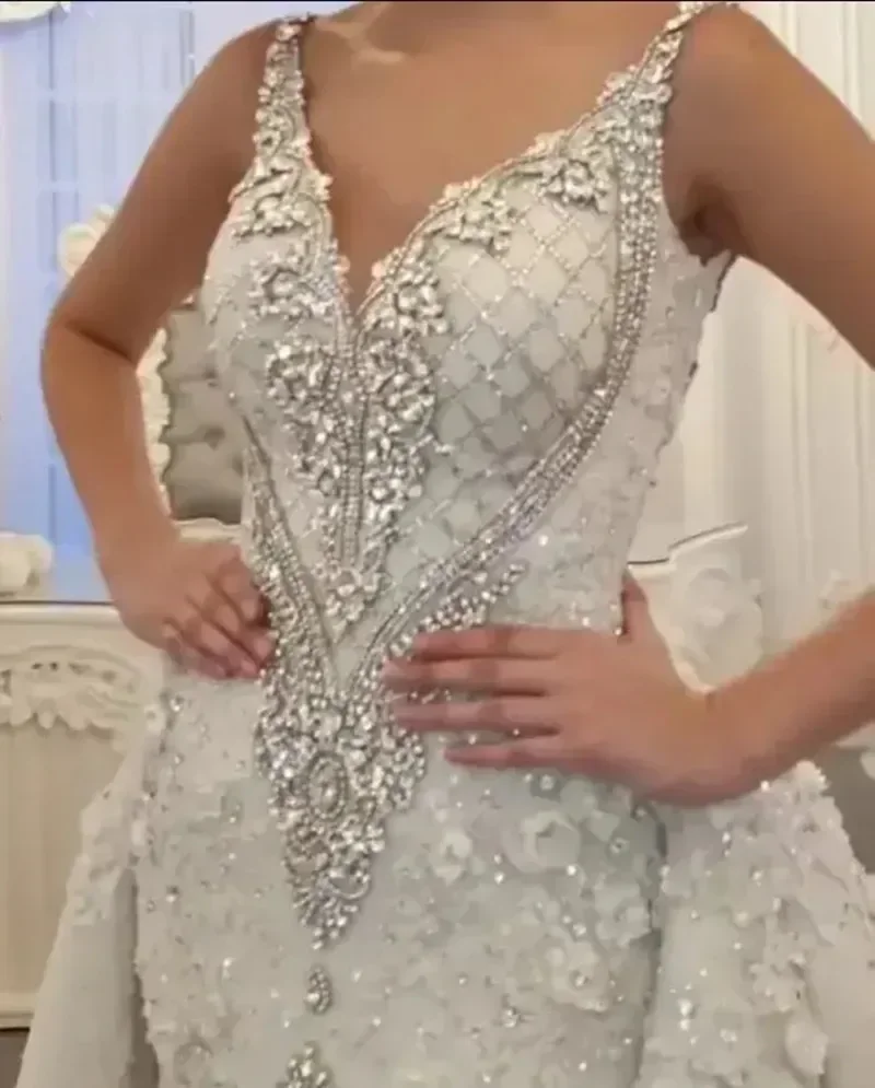 Vestido De Novia personalizado con cuello en V, cuentas brillantes, cristales, con falda desmontable, Vestidos De Novia De lujo para jardín