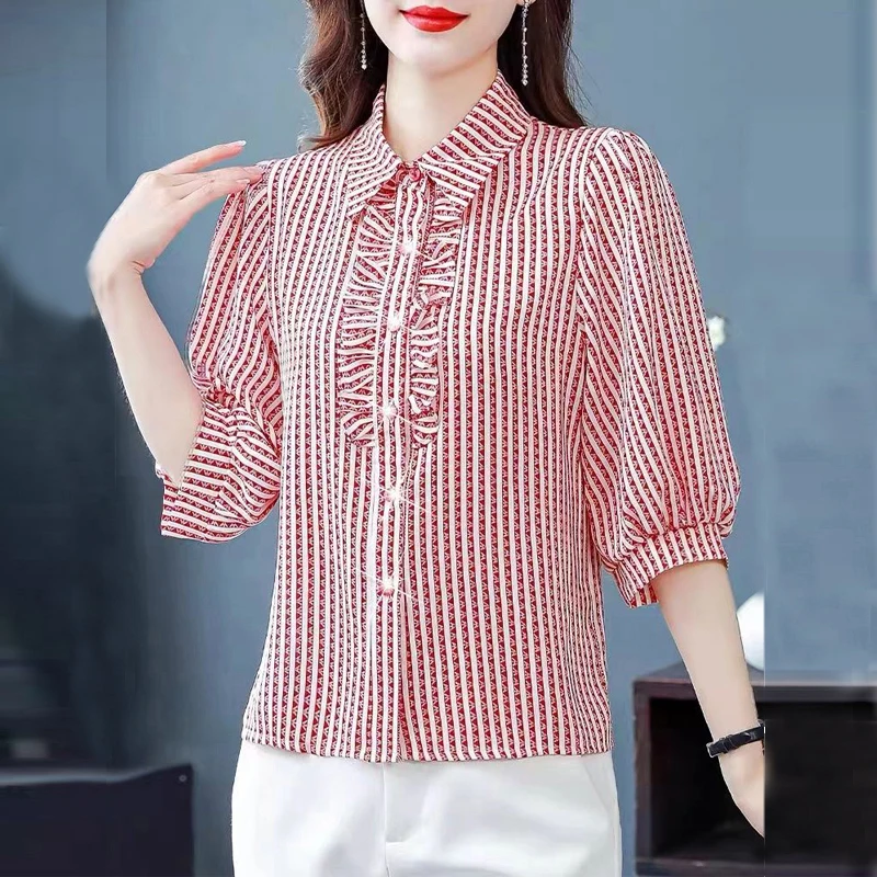 Women\'s Korean Fashion Ruffle Striped Print Button Up Shirt Elegant Lapel Commute Chiffon Blouse Casual Loose Tops Ropa De Mujer