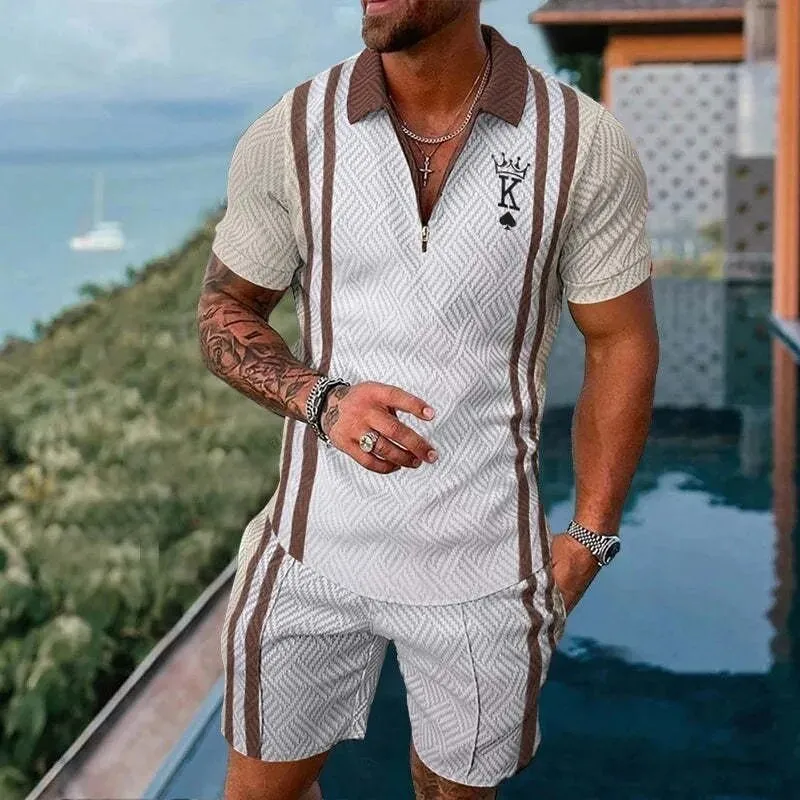 New Summer Men\'s Suit Trend 3D Printing Zipper Polo Shirt + Shorts Two Piece Set Soft Fashion Casual Men Clothing Tracksuit Set