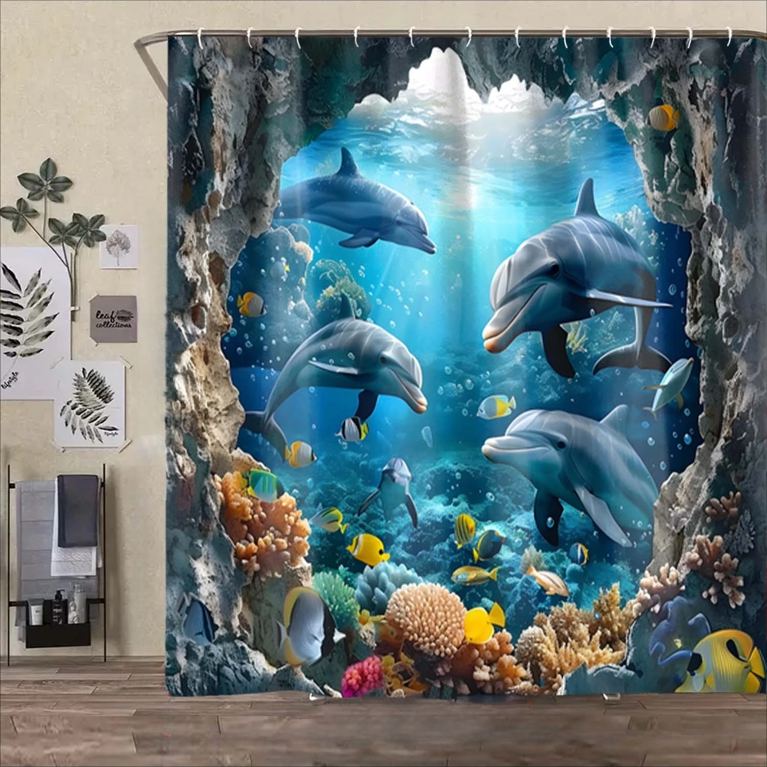 

Шторка для ванной комнаты «Подводная пещера с дельфинами», декор для ванной в стиле океанской живописи, современный интерьер с коралловым рифом и рыбами