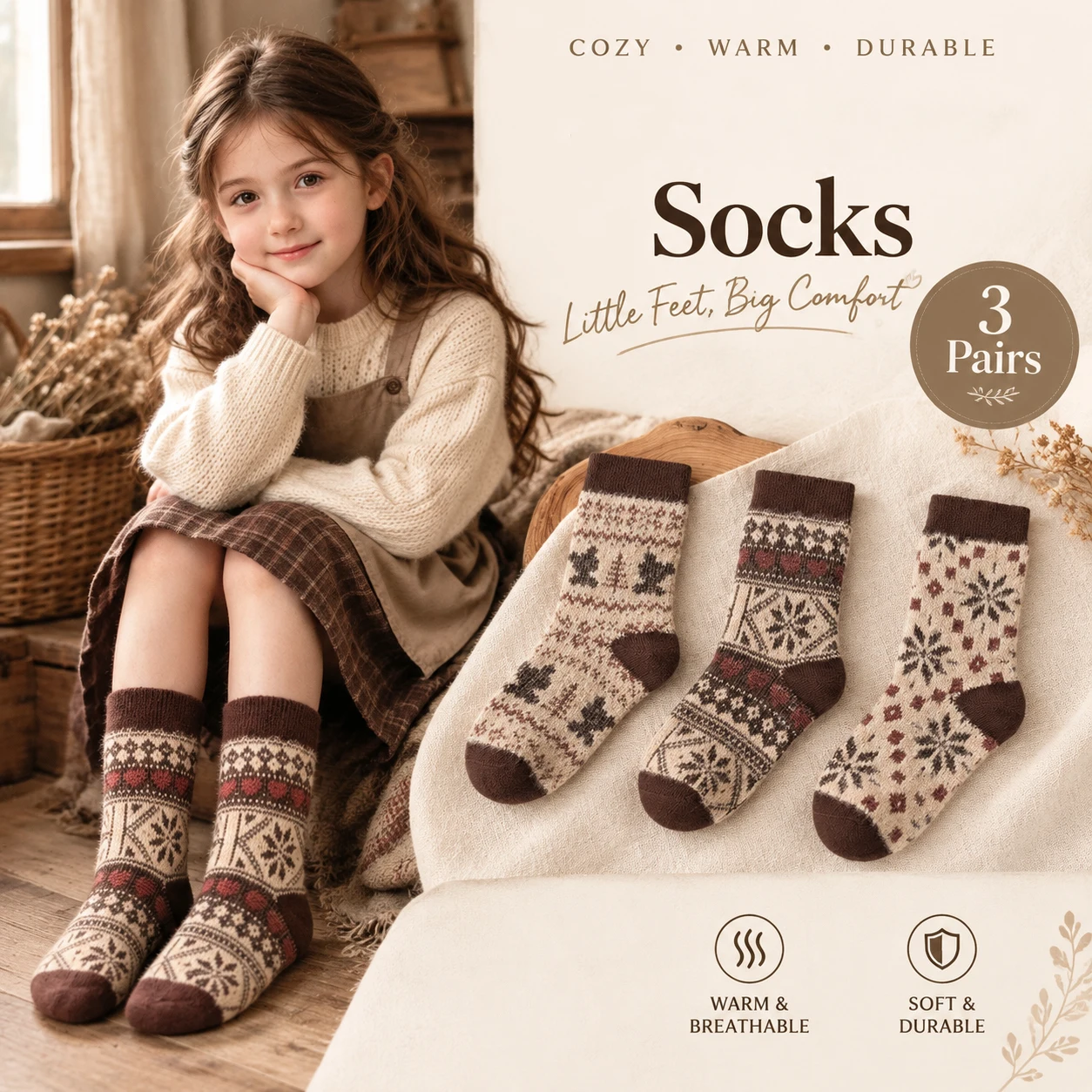 3 Pairs Kids Winter Mid Calf Socks Vintage Fair Isle Pattern Warm Soft Breathable Crew Socks for Boys Girls 1-14Y