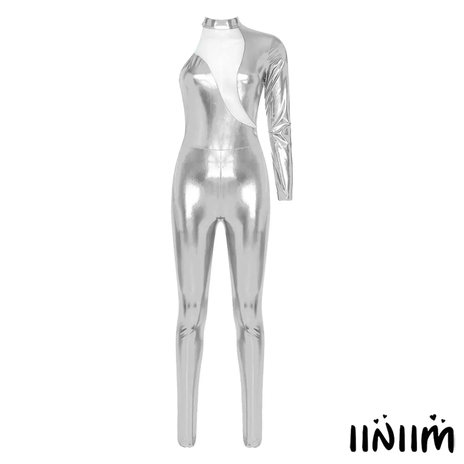 Metallic Shiny Asymmetrical Jazz Disco Jumpsuit for Women Sheer Mesh Patchwork Single Long Sleeve Catsuit Unitard Rave Clubwear