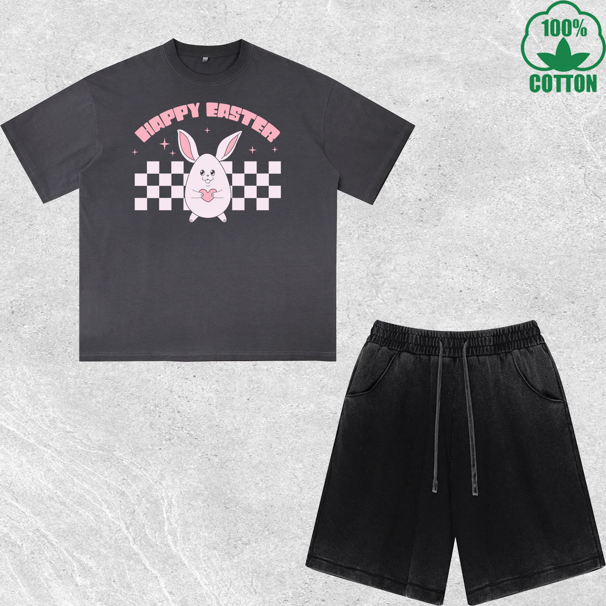 

Western Easter Rabbit Egg Printed Dirty Wash T-Shirt Shorts Set Multicolor Combo Loose Trendy Fashionable 100%Cotton