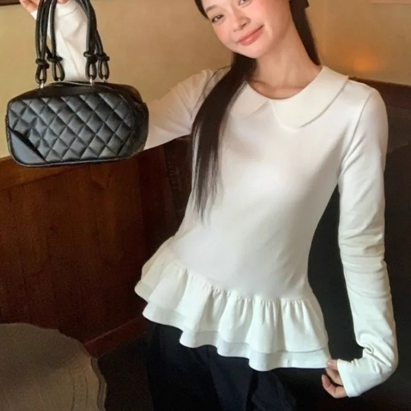 Sweet Ruffles T Shirt For Women Solid Peter Pan Collar Autumn Winter Ropa De Mujer Korean Fashion Versatile Tees