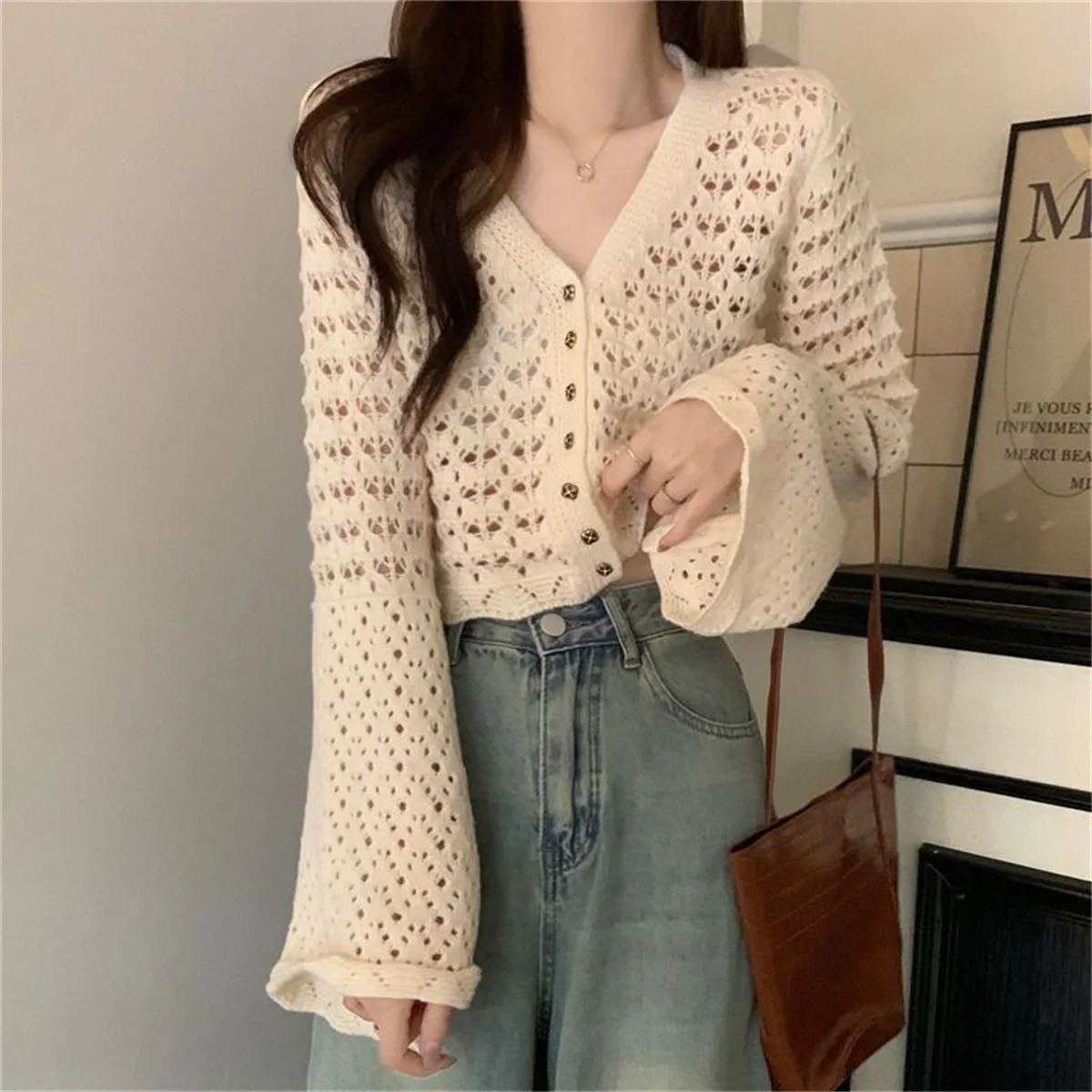 Blouse   Women   Fashion  Summer  Knits  Long  Sleeve   Stripe    Hollow   Tops  Casual