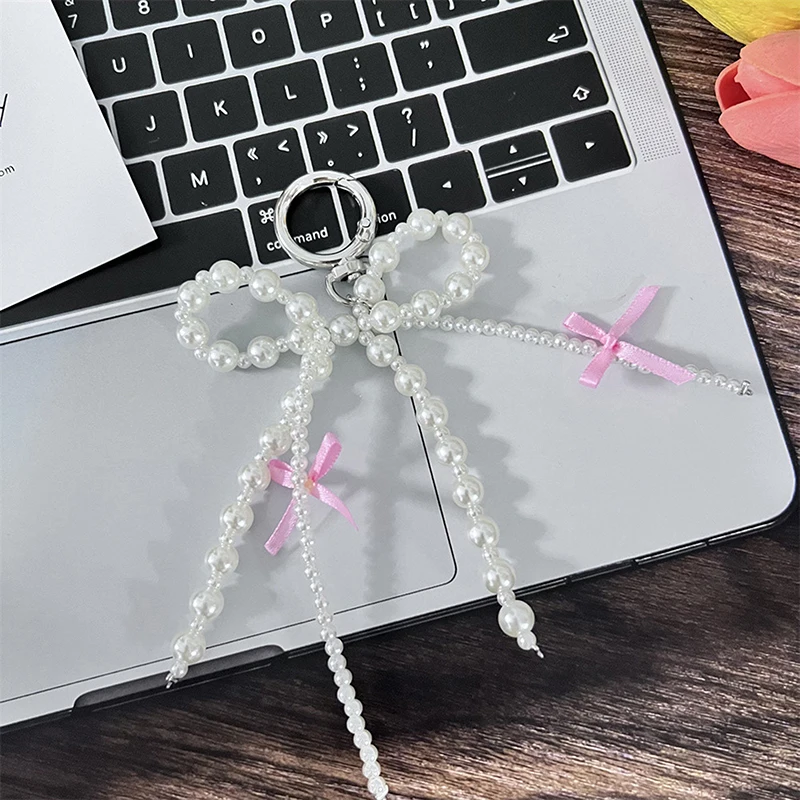 New 1PC Korean Cute Bow Pearl Mobile Phone Pendant Chain Y2K Bag Pendant With Mobile Phone Accessories Camera Bag Keychain