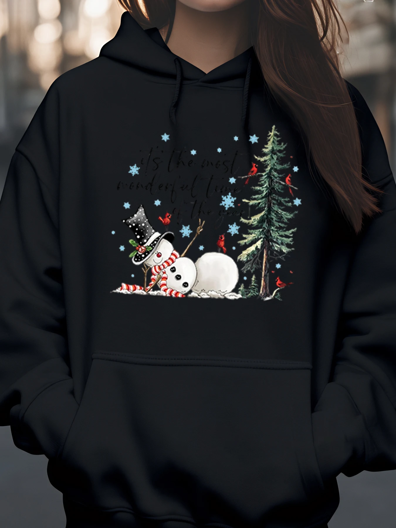 Moletom com capuz de Natal com estampa de boneco de neve e árvore para mulheres