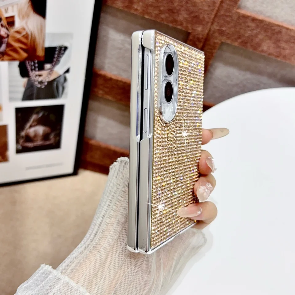 Funda de lujo con brillantina, cristal y pedrería con correa para muñeca para Samsung Galaxy Z Fold 8, cadena ancha con recubrimiento metálico, carcasa rígida a prueba de golpes 3