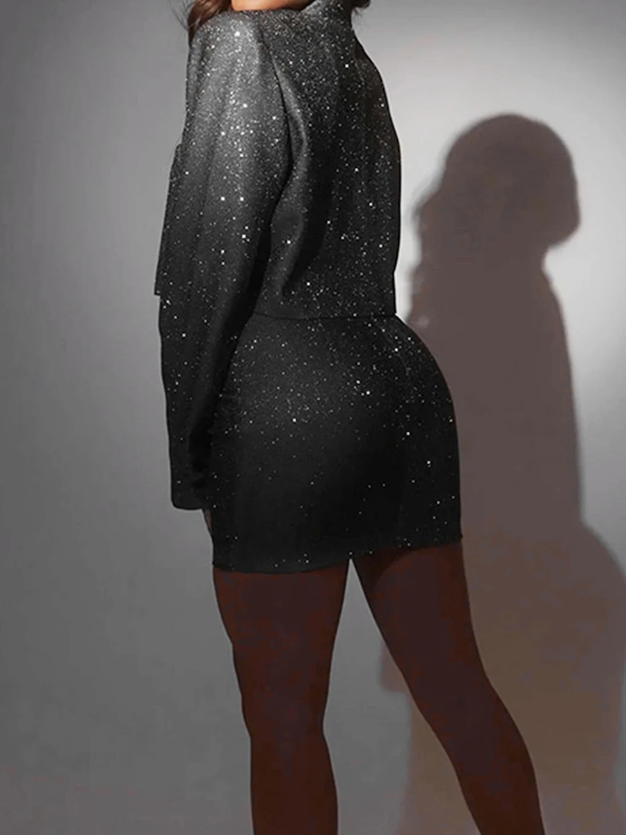 Sparkling Women s 2-Piece Set Sequin Lapel Blazer with Padded Shoulders and Long Sleeves Paired with a Wrapped Mini Skirt for