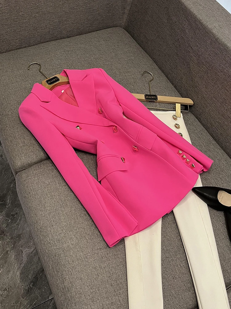 

Ele Fluorescent Pink Long Sve Loose Fit Pure Color Outerwear Commute Sle Women's Jaet Medium Length D20020