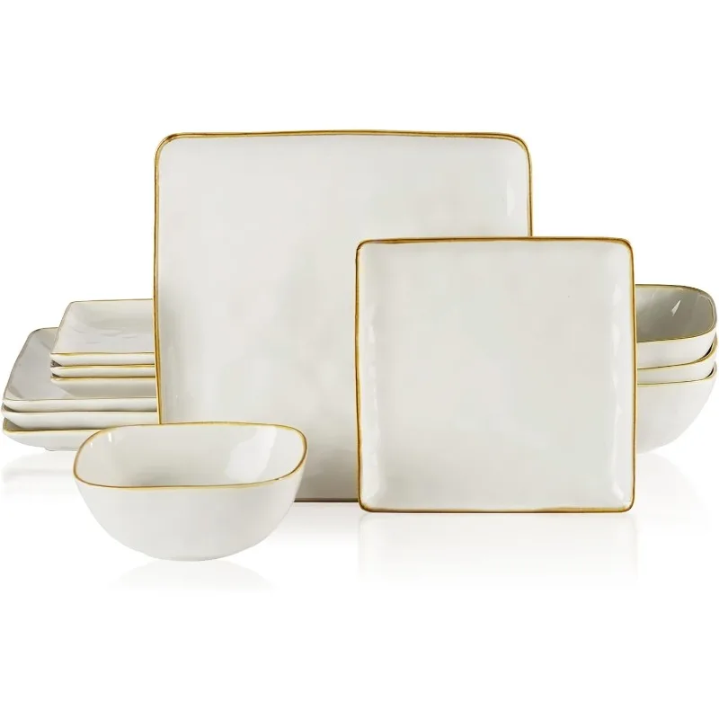 Dinnerware Sets for 4, Ocean Square 12-Piece Kitchen Plates and Bowls Sets, Microwave and Dishwasher Safe, Scratch Resistant,