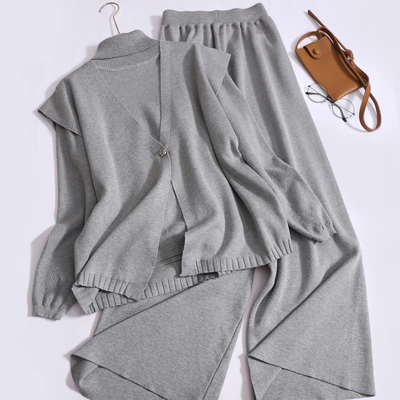 

Autumn Elegant Pants Set Button Sleeveless Cardigan Turtleneck Long Sleeve Knitwear Wide Leg Trousers Women Three-piece Set