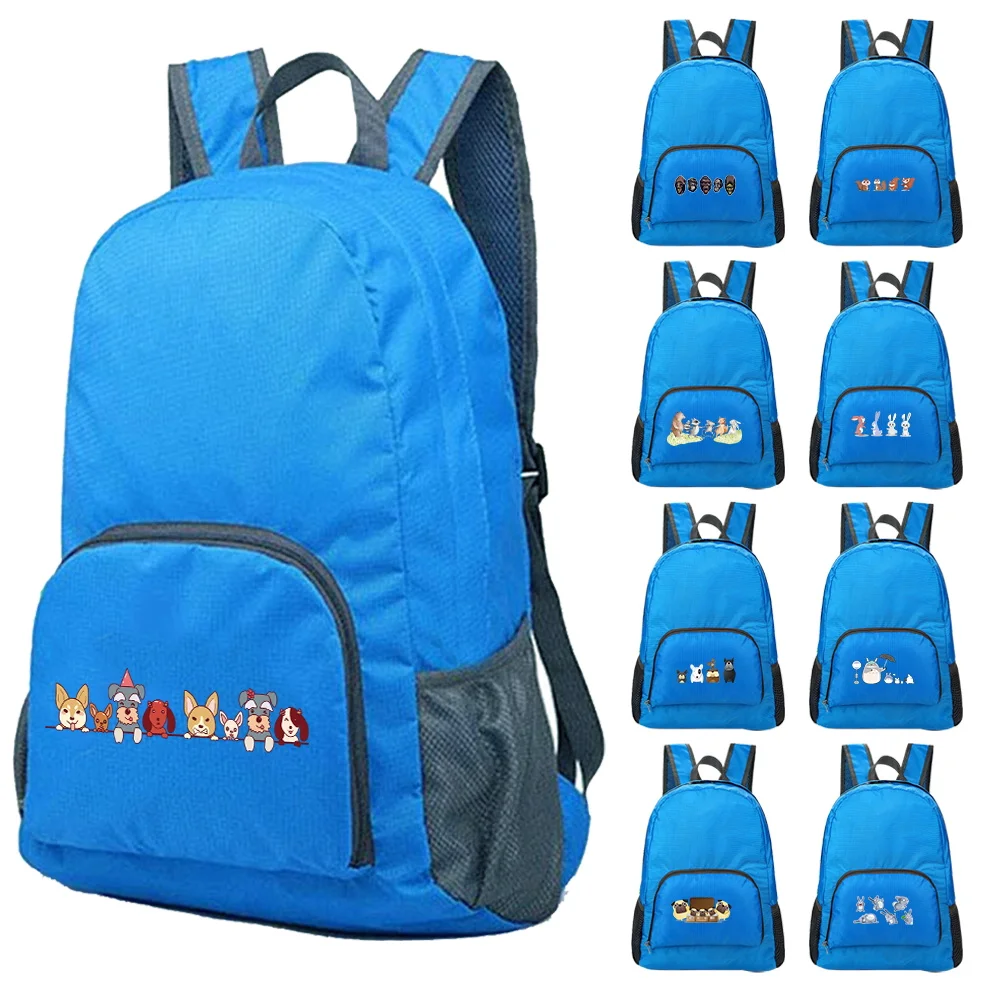 Outdoor Camping Lightweight Backpack Unisex Cartoon Print Portable Foldable Outdoor Hiking Travel Daypack Leisure Blue Sport Bag