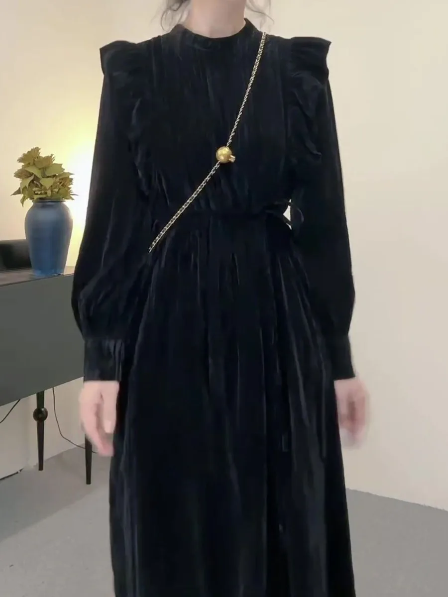 Chic Velvet Pleated Dress Women Long Sleeve Elegant Midi Dress Women Autumn Winter Trend Casual Korean Formal Party Dress