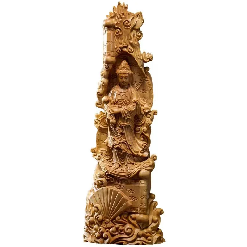 

Natural Cypress Ruyi Guanyin Bodhisattva Statue, Chinese Buddha Statues Solid wood carving Home Room Office Feng Shui Statue