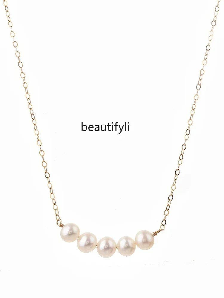 Simple and versatile natural freshwater pearl necklace design sense 14K gold collarbone chain new