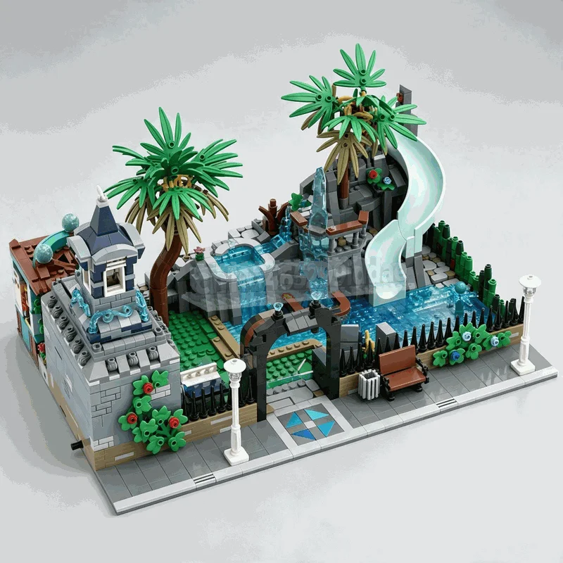 2368PCS Modular Swimming Pool Building Blocks Tropical Water Park City Street Model DIY Assembly Toy Creative Collection Gifts