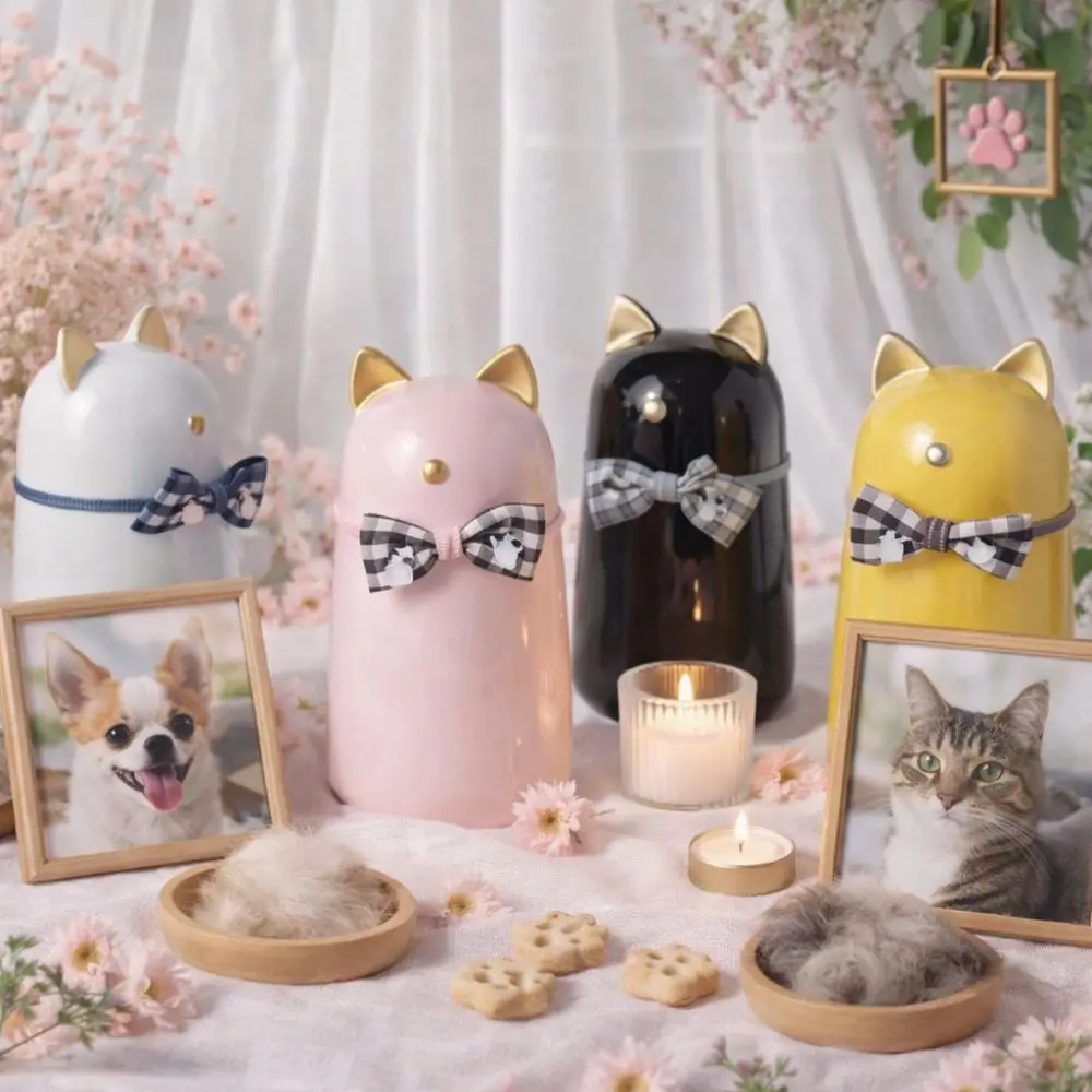 

Ceramic Pet Memorials Urn Cat Shaped with Bow Tie Pet Ash Holder Decorative Handcrafted Storage Container Home Decoration