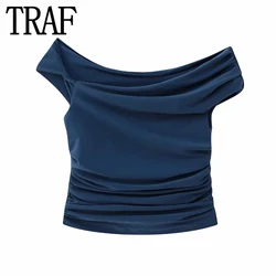 TRAF Pleated Asymmetric Crop Top Women Ruched Off The Shoulder Top Female Sleeveless Sexy Tops Woman Fashion Streetwear Tops