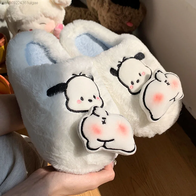 Sanrio Pochacco New Home Cotton Shoes Kawaii Women Autumn Winter Soft Fuzzy Slippers Y2k Girls Anti Slip Casual cute Flat Shoes