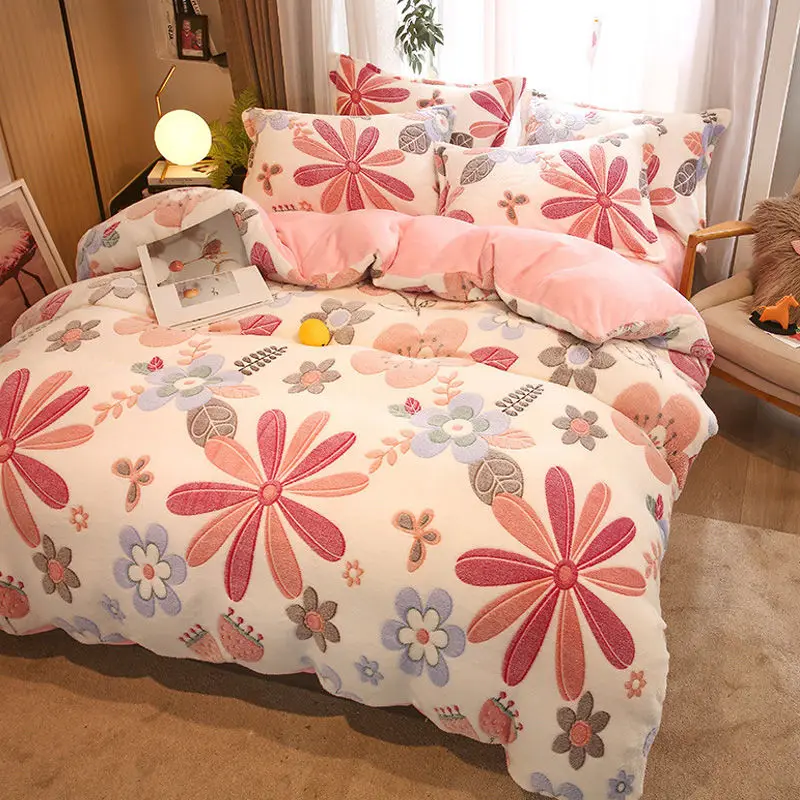 Cute Cartoon Winter Thickened Fleece Bedding Set Double-sided Quilt Cover Bed Sheet Pillowcase 4pcs Kawaii Bedroom Textile Decor