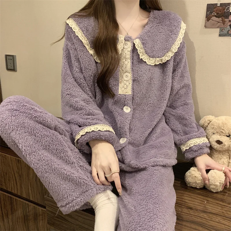 Thick Coral Fleece Sleepwear Long Sleeve Women's Winter Home Clothes Set Sweet Lace  Princess Style Warm Home Suit