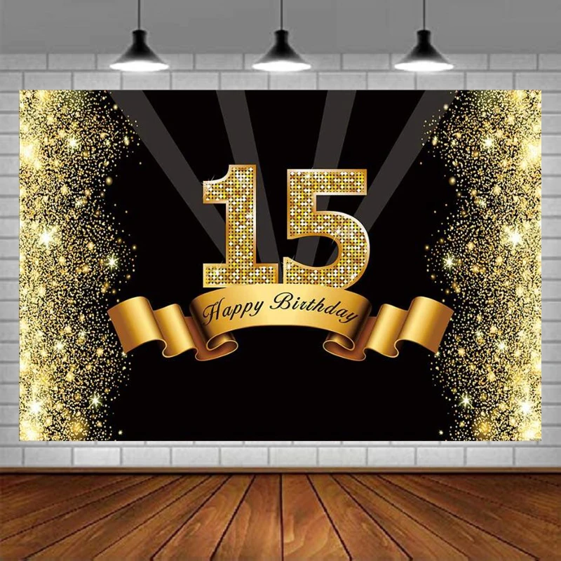 

Photography Backdrop Glitter Black And Gold 15 Years Old 15th Birthday Party Teens Boys Fifteen Decor Background Banner Props