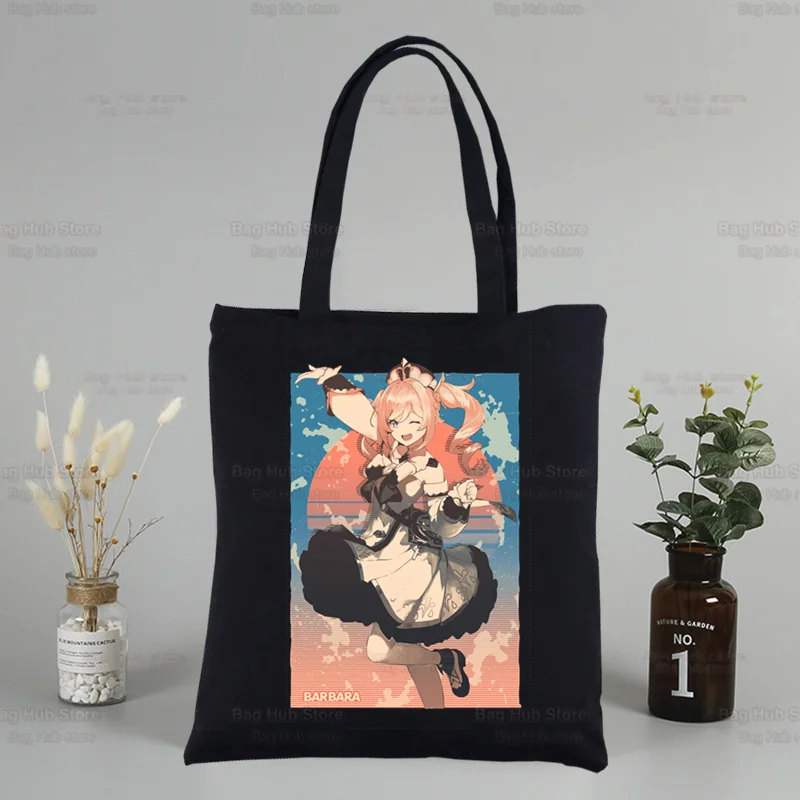 Genshin Impact Black Canvas Tote Bolsas, Unisex, Xiao Venti, Hu Tao, Uso diário, Zhong Li Raiden Shogun, Viagem, Compras