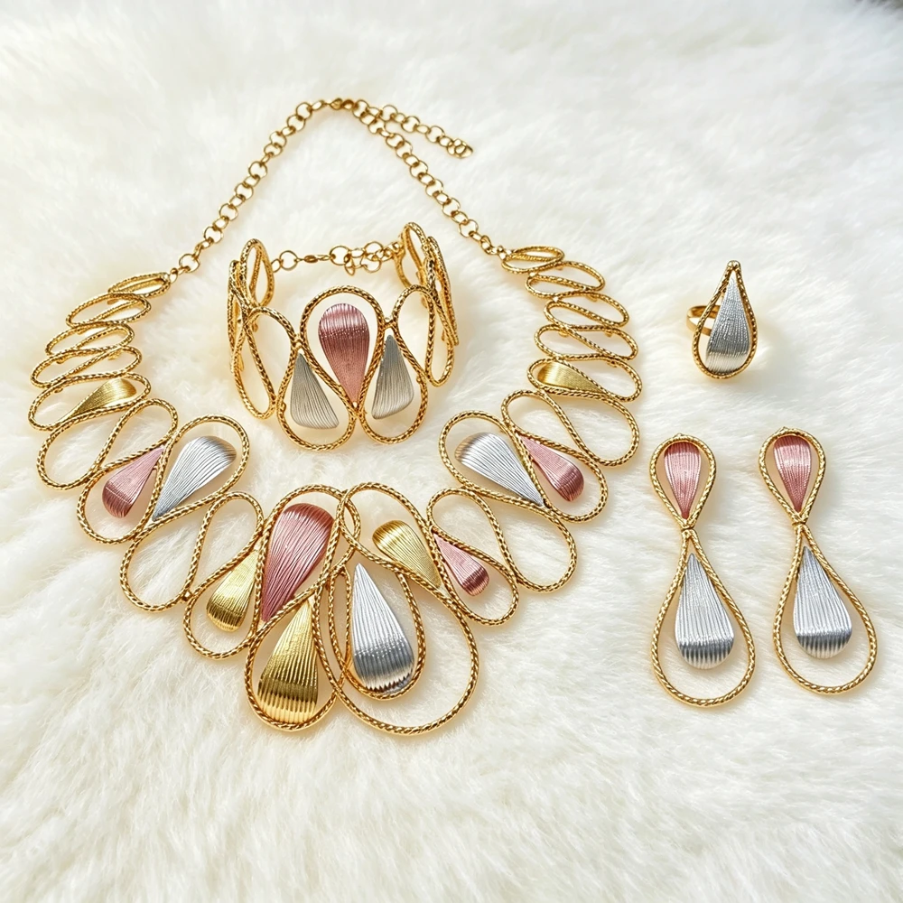 Tri Color Teardrop Wire Outline Statement Jewelry Set 4Pcs Gold Collar Necklace Cuff Bracelet Ring Drop Earrings African Dubai