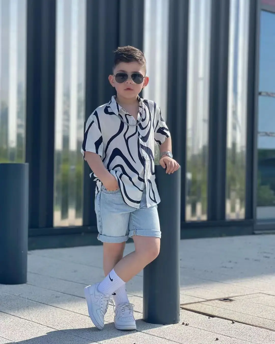 

M8064 2024 Children's clothing Europe United States fashion boy bbaby handsome boy hip hop striped printed shirt ins style